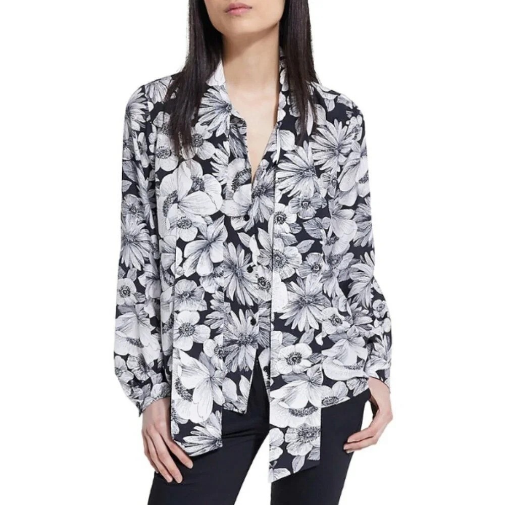 THE‎ KOOPLES NWT Black Silk Floral Bow Blouse | Size 0